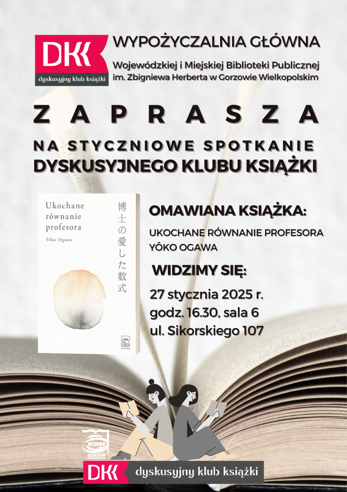 Plakat promujący wydarzenie, u dolu otwarta książka z postaciami czytającymi, ponad nimi okładka omawianej książki z informacjami o spotkaniu i logiem DKK.