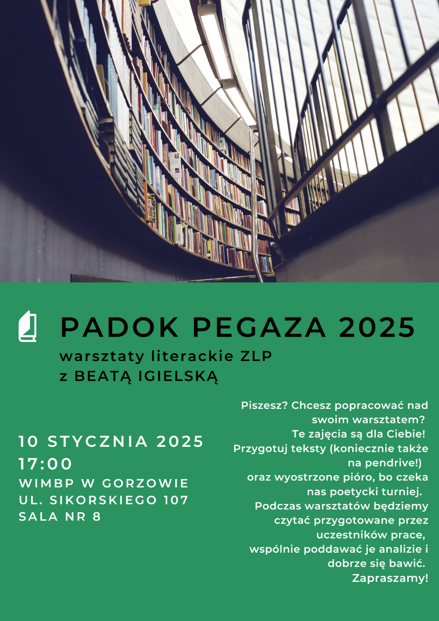 Plakat promujący wydarzenie. W górnej części widok na regały z książkami, w dolnej części, na zielonym tle informacje o spotkaniu.