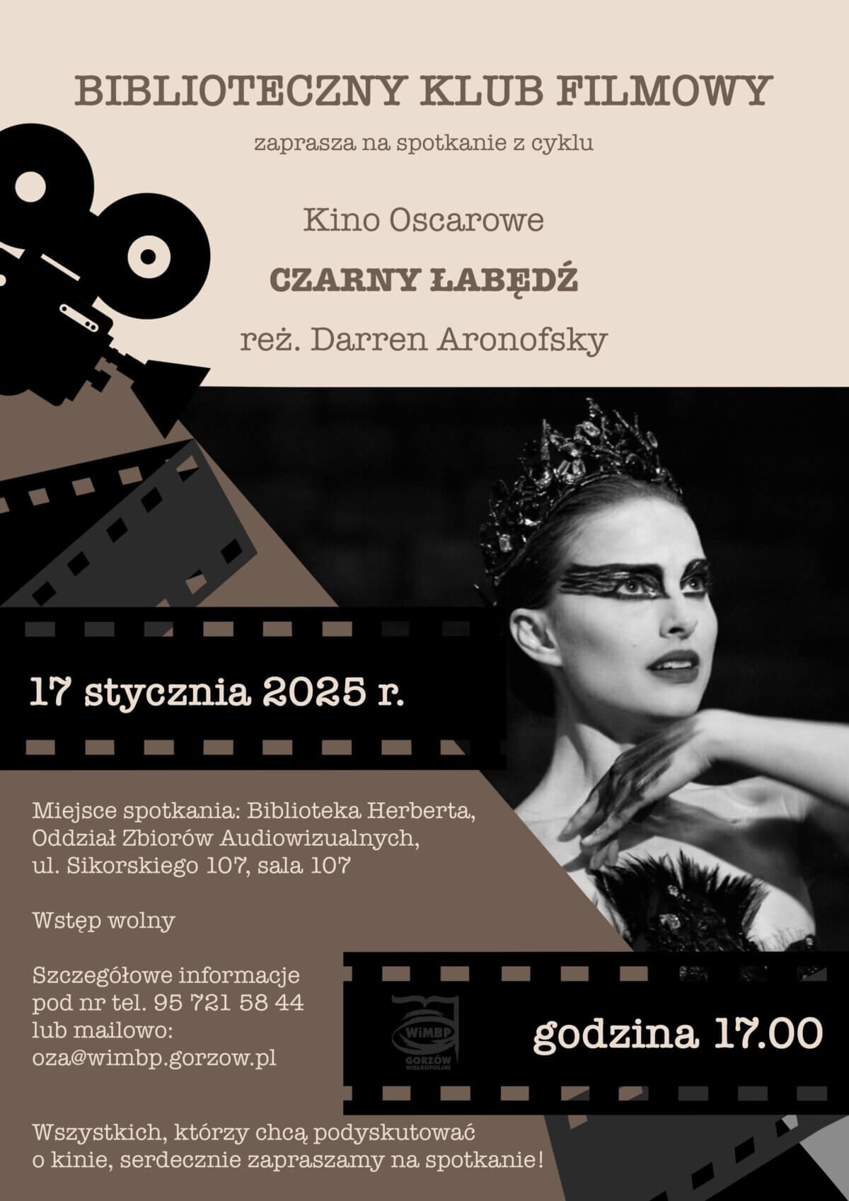 Plakat promujący wydarzenie z kadrem z filmu oraz stylizowaną kamerą filmową i taśmą filmową.