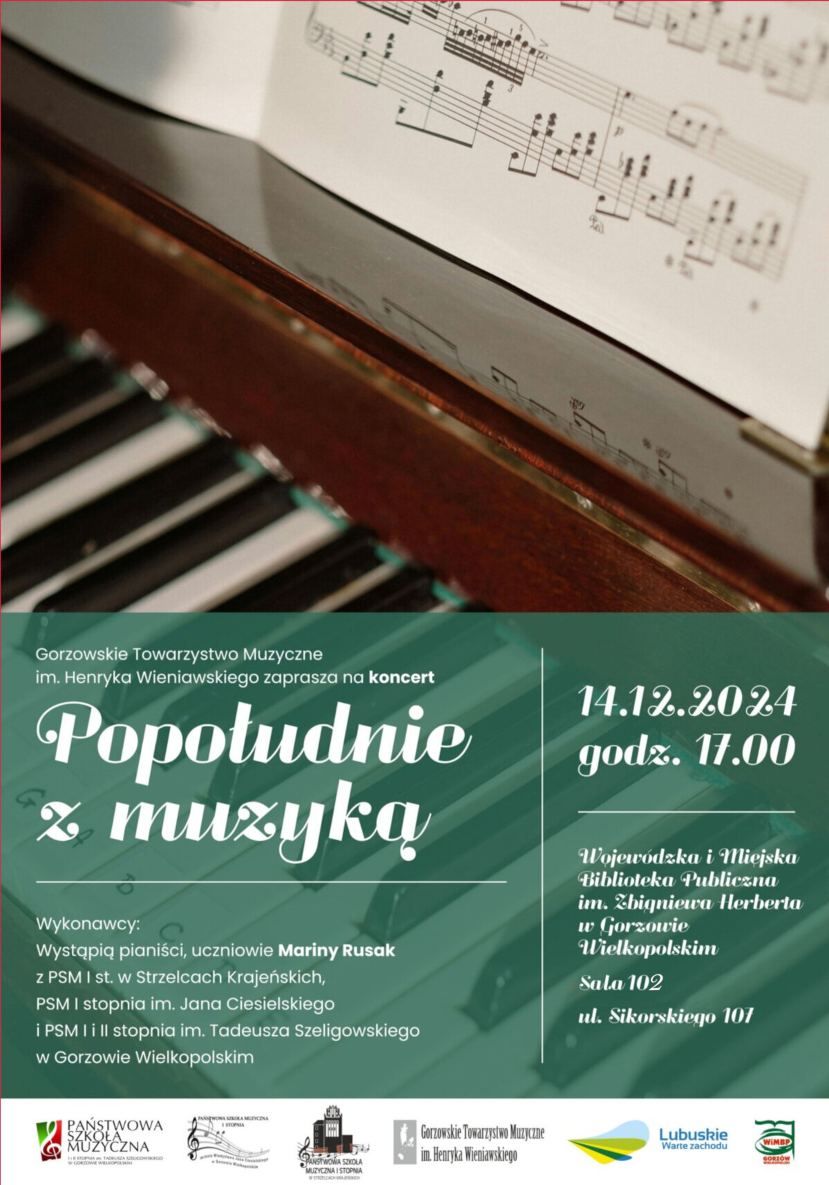 plakat informujący o wydarzeniu zatytułowanym "Popołudnie z muzyką", wykonany w tematyce muzyczne, widoczna instrument z klawiszami oraz partytura. Na plakacie znajdują się elementy graficzne oraz informacje szczegółowe o wydarzeniu.