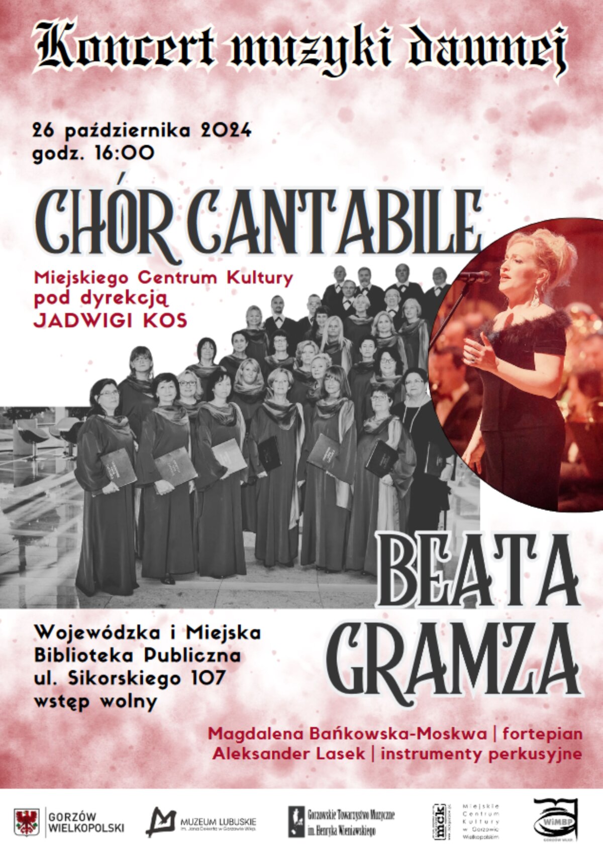 Plakat promujący wydarzenie - koncert chóru Cantabile w bibliotece. Na plakacie znajdują się zamieszczone informacje dotyczące samego koncertu oraz wycinki grafik (chór Cantabile oraz piosenkarka Beata Gramza).