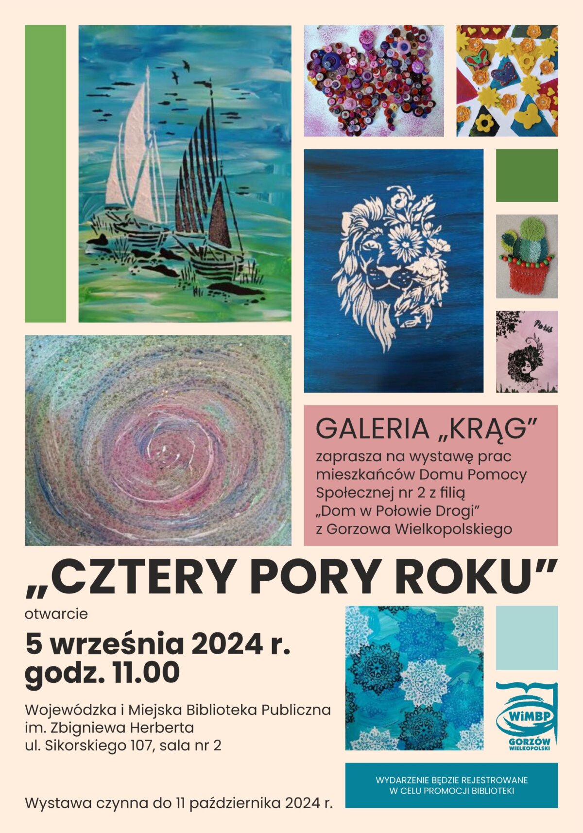 Plakat promujący wydarzenie w formie kolażu prac będących częścią wystawy, w tonacji beżowo-niebiesko-różowej. Z dopiskiem: wydarzenie będzie rejestrowane w celu promocji biblioteki.