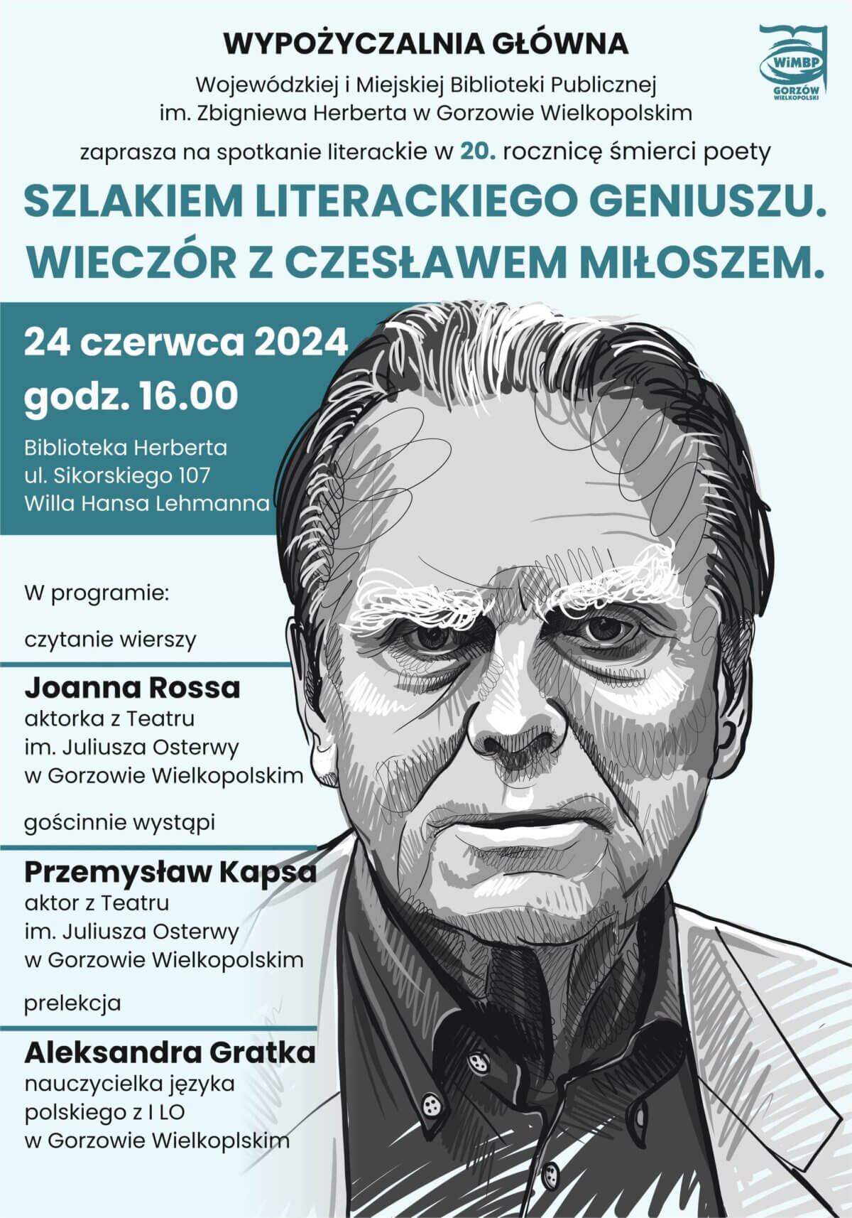 plakat promujący wydarzenie wieczór z Czesławem Miłoszem.