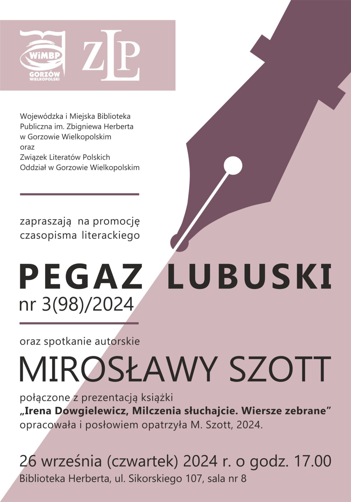 Plakat promujący wydarzenie w kolorystyce biało-różowej z widoczną stalówką pióra wiecznego