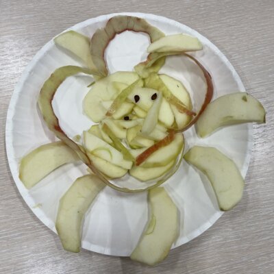 Siedem cząstek jabłka ułożone na papierowym talerzu w formie słoneczka w środku talerza skórka jabłka ułożona w formie płatków kwiatu, w samym środku cząstki pokrojone w plasterki, na tym trzy nasiona jabłka. Kliknięcie w obrazek spowoduje powiększenie.