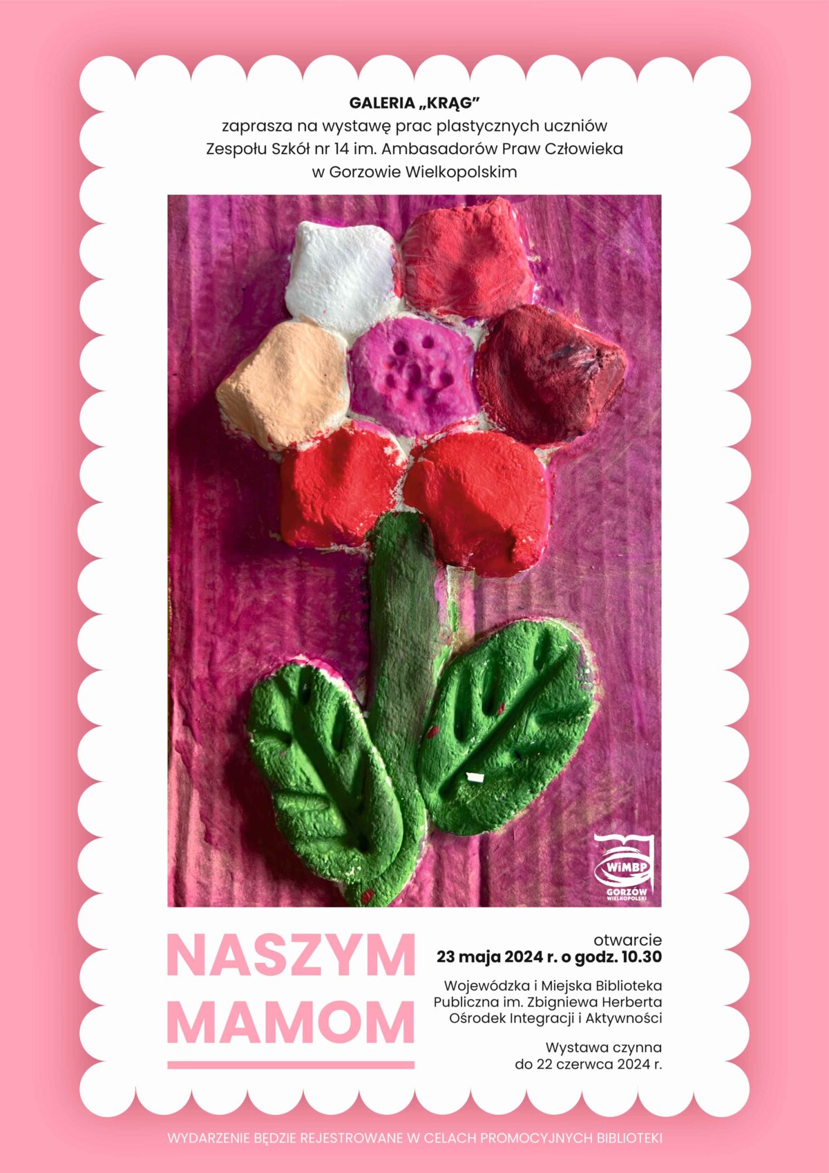Plakat promujący wydarzenie z pracą plastyczną w formie kwiatu, w tonacji różowo-białej. Kliknięcie w obrazek spowoduje powiększenie.