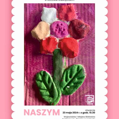 Plakat promujący wydarzenie z pracą plastyczną w formie kwiatu, w tonacji różowo-białej. Kliknięcie w obrazek spowoduje powiększenie.
