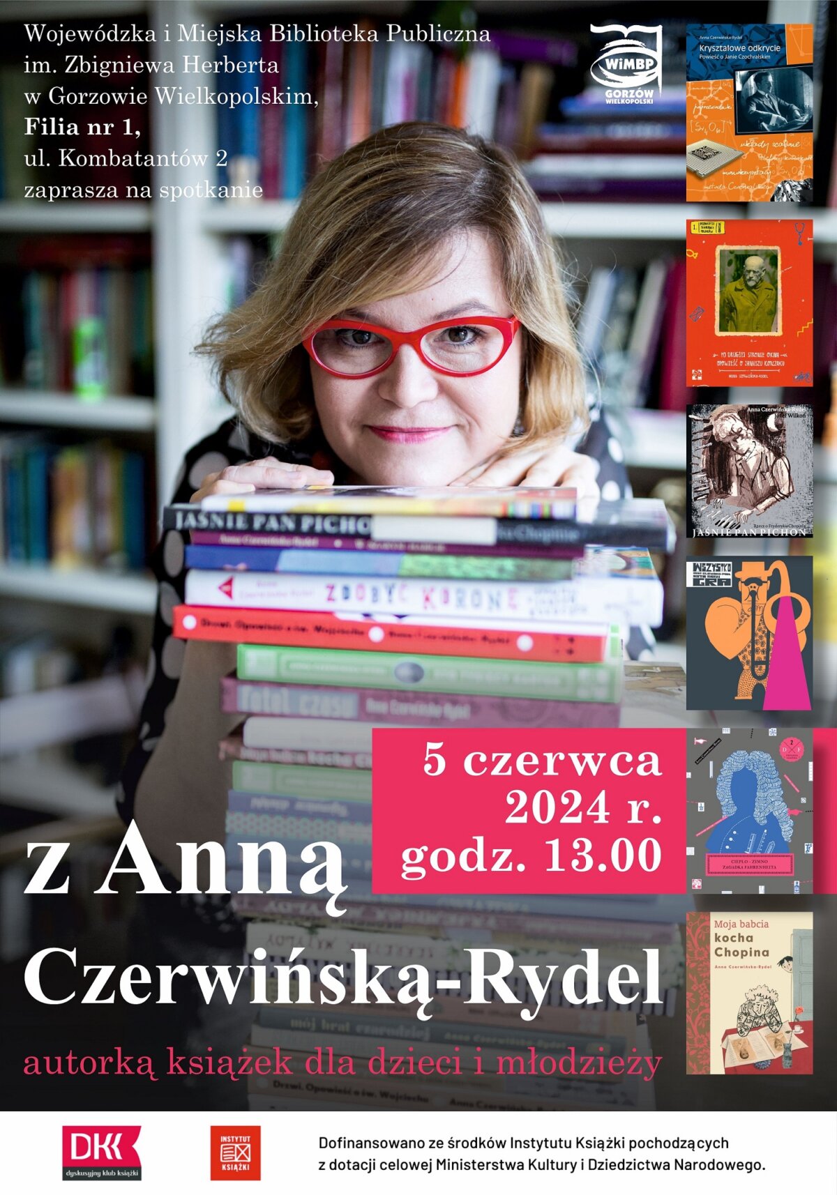 Plakat promujący wydarzenie ze zdjęciem autorki i okładkami książek.