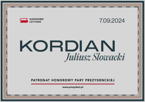 Baner promujący wydarzenie z napisem Kordian Juliusz Słowacki, patronat honorowy pary prezydenckiej oraz datą 7.09.2024 i logiem narodowego czytania.