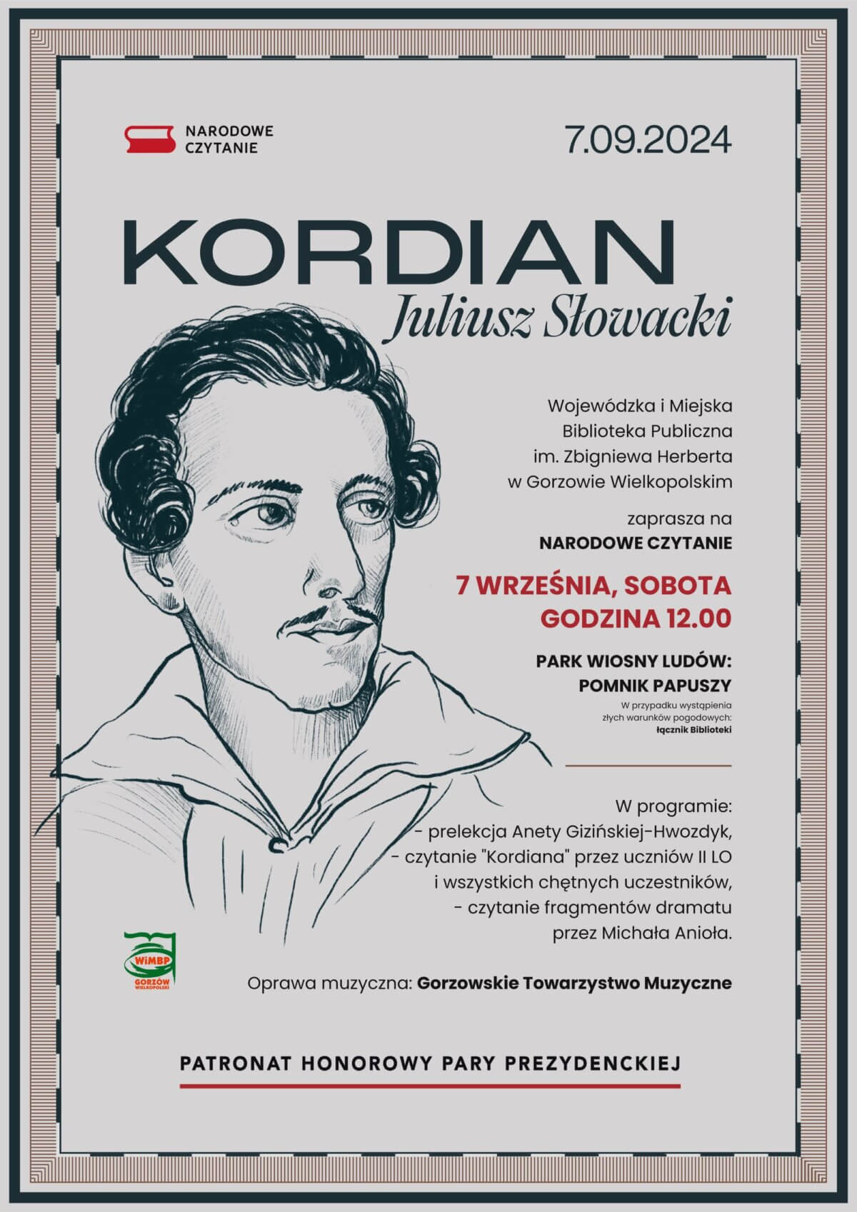 Plakat promujący wydarzenie z podobizną Juliusza Słowackiego.