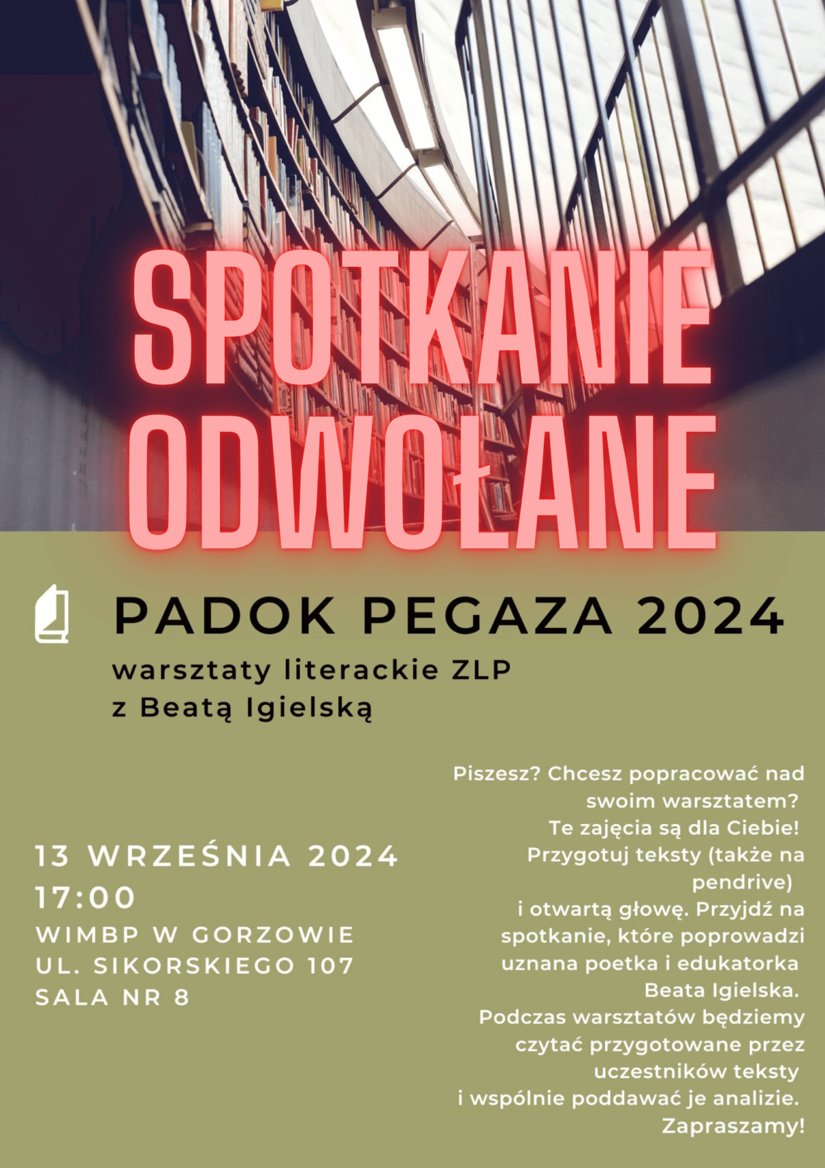 plakat dotyczący "Padok Pegaza 2024", na plakacie widoczna informacja o odwołanym spotkaniu.