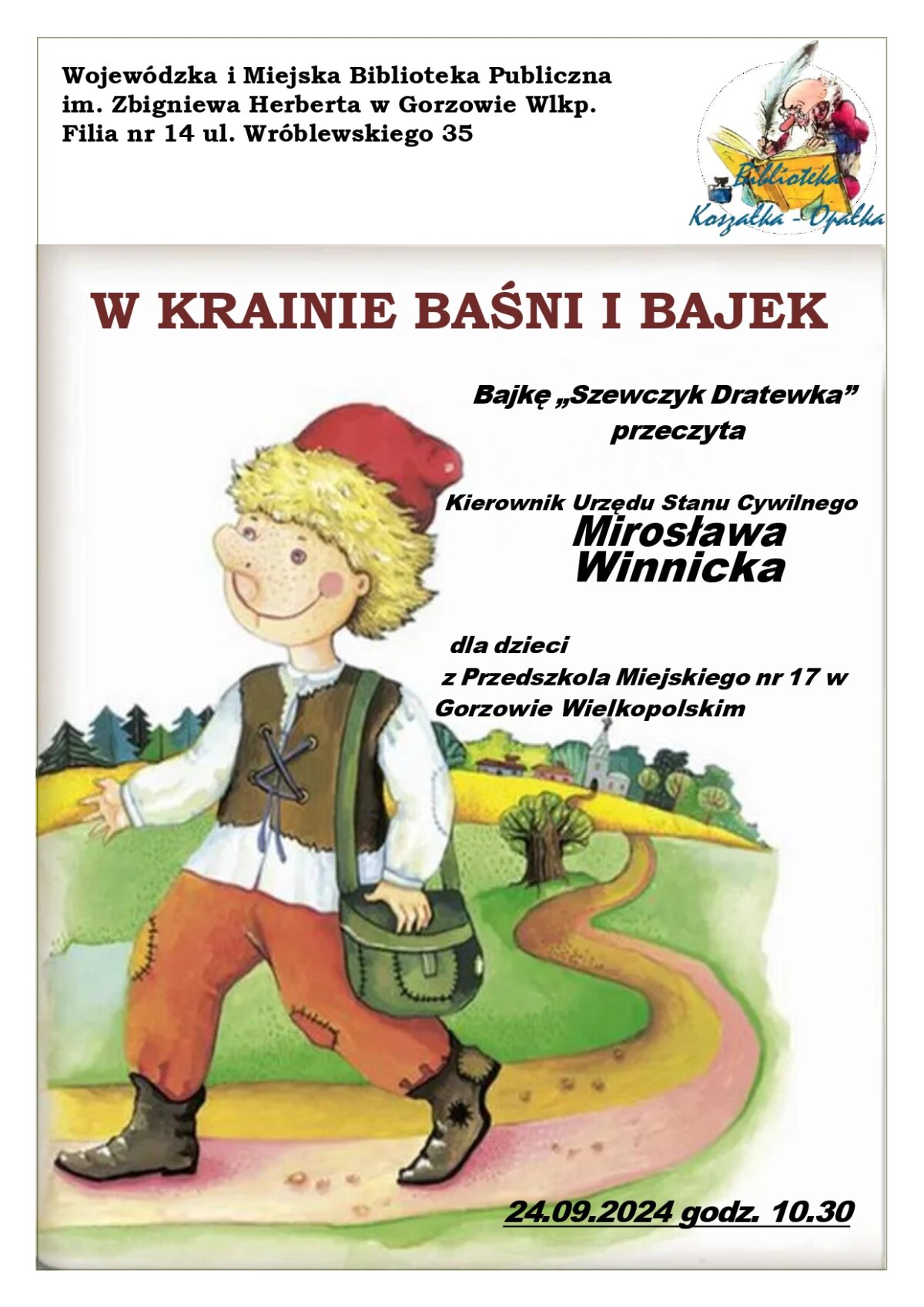 Plakat promujący wydarzenie "W krainie baśni i bajek". Plakat został umieszczony na jasnym tle, na którym widoczny jest opis wydarzenia oraz chłopiec idący drogą, w ręku trzymający koszyk.