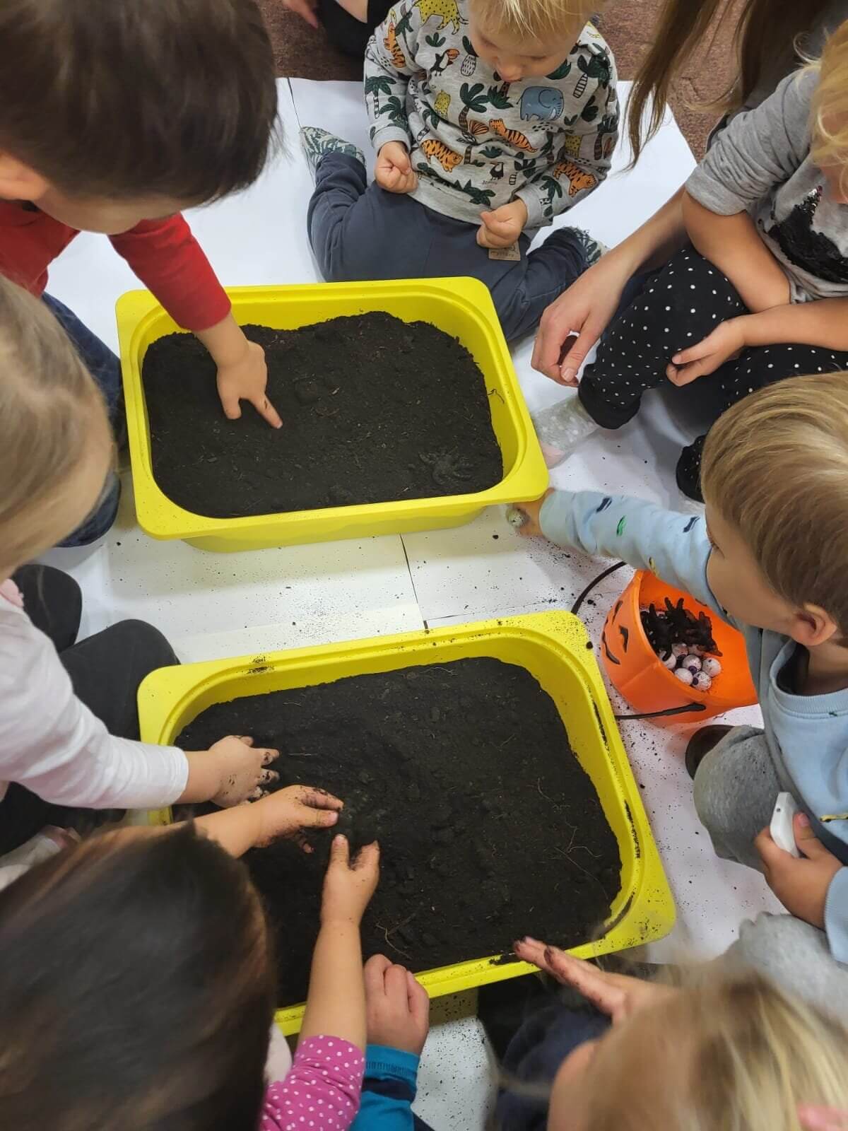 Na zdjęciu znajduje się grupa dzieci siedzących wokół żółtych plastikowych pojemników wypełnionych ziemią. Dzieci dotykają ziemi palcami, a niektóre z nich mają w niej zanurzone ręce. W tle, po prawej stronie, stoi pomarańczowe wiaderko z różnymi przedmiotami w środku.