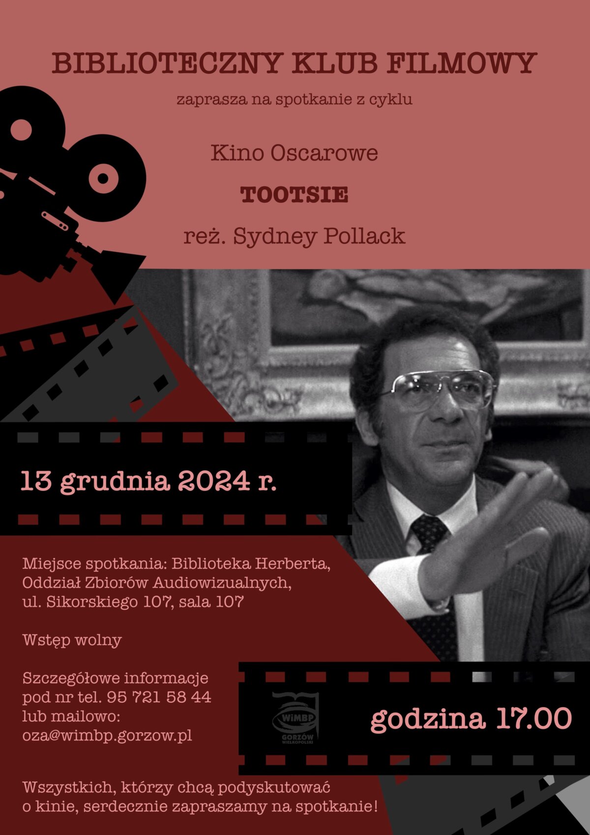 Plakat promujący spotkanie klubu filmowego z kadrem z filmu "TOOTSIE".