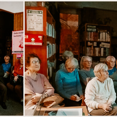 Kolaż z dwóch zdjęć. Widoczna część publiczności przybyłej na spotkanie literackie poświęcone J. Lechoniowi. W bibliotece siedzi osiem osób. Patrzą w kierunku rzutnika. Kliknięcie powoduje powiększenie zdjęcia.