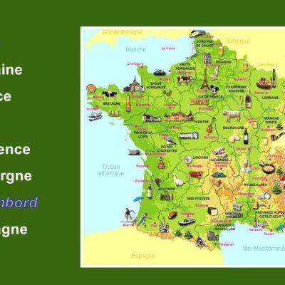 Po lewej stronie zielonej planszy są nazwy miast i regionów. Po lewej na mapie Francji umieszczone są typowe dla regionów obiekty. Kliknięcie w obrazek spowoduje powiększenie.