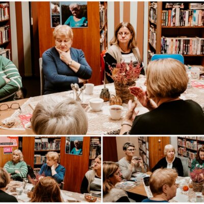 Kolaż z trzech zdjęć. Wnętrze Filii nr 8. Trwa spotkanie DKK z udziałem Haliny Elżbiety Daszkiewicz, lokalnej powieściopisarki. Dziewięć kobiet siedzi przy stole i rozmawia o książkach. Kliknięcie w obrazek spowoduje powiększenie.