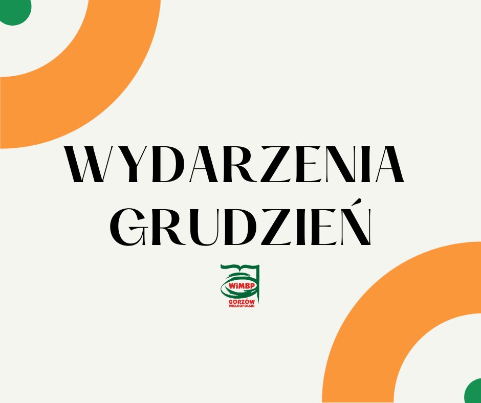 grafika ozdobna z napisem wydarzenia grudzień i logiem biblioteki